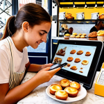 **Budget-conscious digital nomad:** A young person working on a laptop in a vibrant cafe in Lisbon, surrounded by traditional Portuguese pastries ("pastéis de nata"). They're meticulously tracking expenses on a budgeting app on their smartphone. The scene emphasizes both the freedom and financial discipline required for this lifestyle.