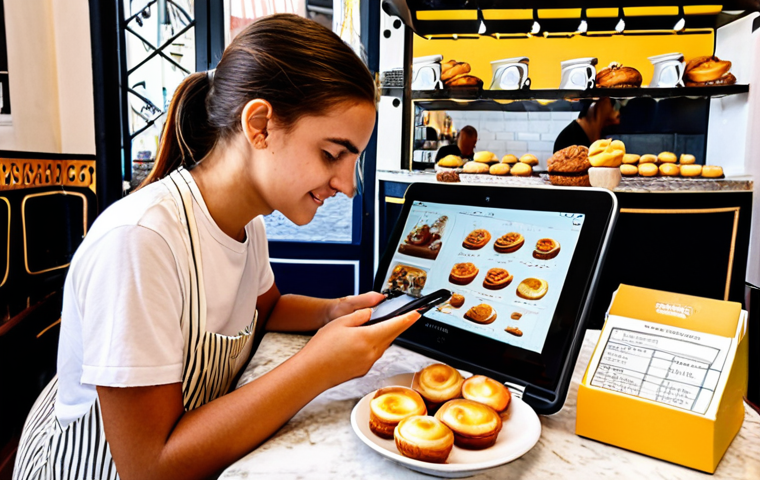 **Budget-conscious digital nomad:** A young person working on a laptop in a vibrant cafe in Lisbon, surrounded by traditional Portuguese pastries ("pastéis de nata"). They're meticulously tracking expenses on a budgeting app on their smartphone. The scene emphasizes both the freedom and financial discipline required for this lifestyle.