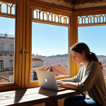A focused digital nomad, a young woman, works serenely on her laptop at a charming, rustic-chic cafe. Through a large window, a sunlit historic European city (like Lisbon) is visible, with traditional architecture and a clear blue sky. The scene emphasizes disciplined productivity amidst the beauty of travel, showcasing self-mastery over procrastination.