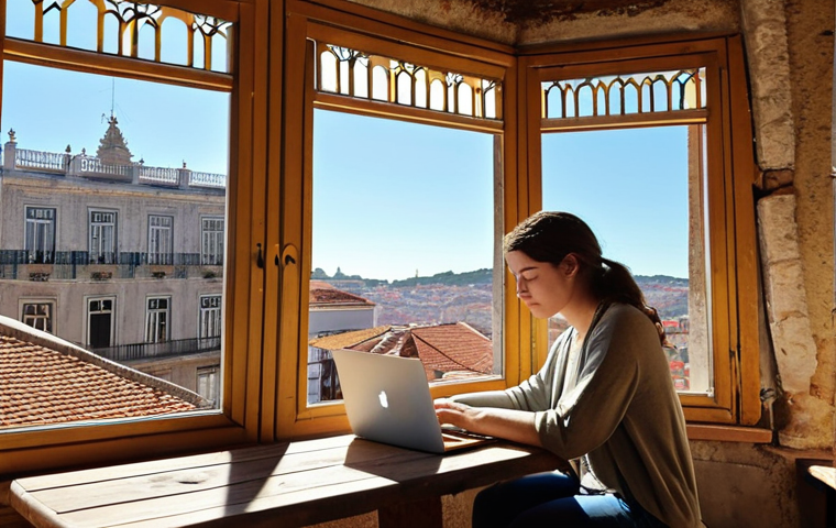 A focused digital nomad, a young woman, works serenely on her laptop at a charming, rustic-chic cafe. Through a large window, a sunlit historic European city (like Lisbon) is visible, with traditional architecture and a clear blue sky. The scene emphasizes disciplined productivity amidst the beauty of travel, showcasing self-mastery over procrastination.