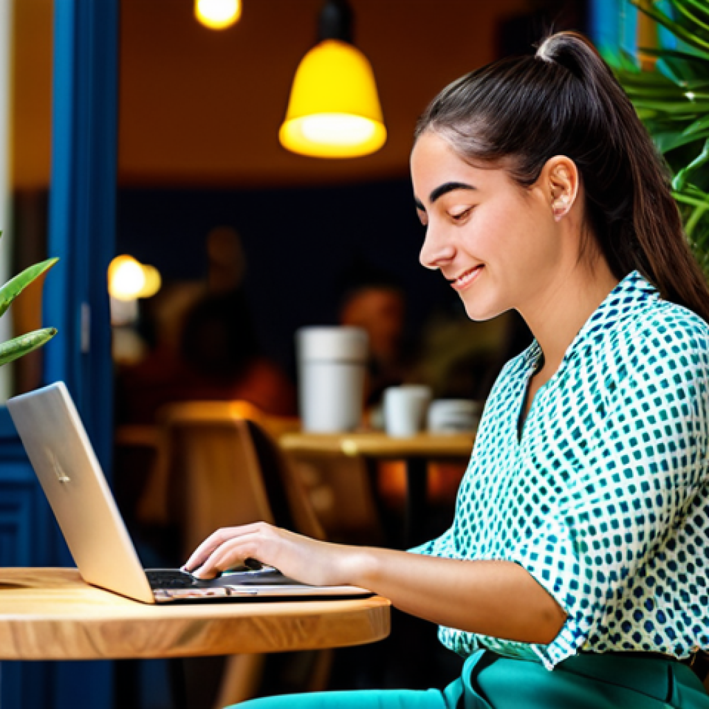Digital Nomad Working at a Cafe**
"A young professional woman working on a laptop at a vibrant cafe in Lisbon, Portugal. She is wearing a stylish but modest blouse and trousers, fully clothed, appropriate attire. The cafe has warm lighting and is filled with plants. Background shows other patrons enjoying their coffee. Safe for work, perfect anatomy, natural proportions, professional digital art, high quality."
**