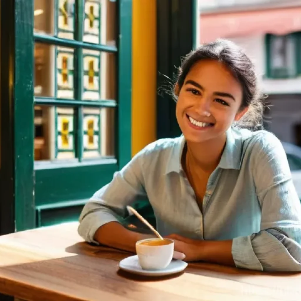 디지털 노마드를 위한 가이드북 추천 - **Prompt:** A serene and focused young female digital nomad, in her late 20s, with a warm smile, wor...