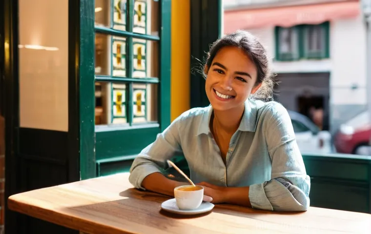 디지털 노마드를 위한 가이드북 추천 - **Prompt:** A serene and focused young female digital nomad, in her late 20s, with a warm smile, wor...
