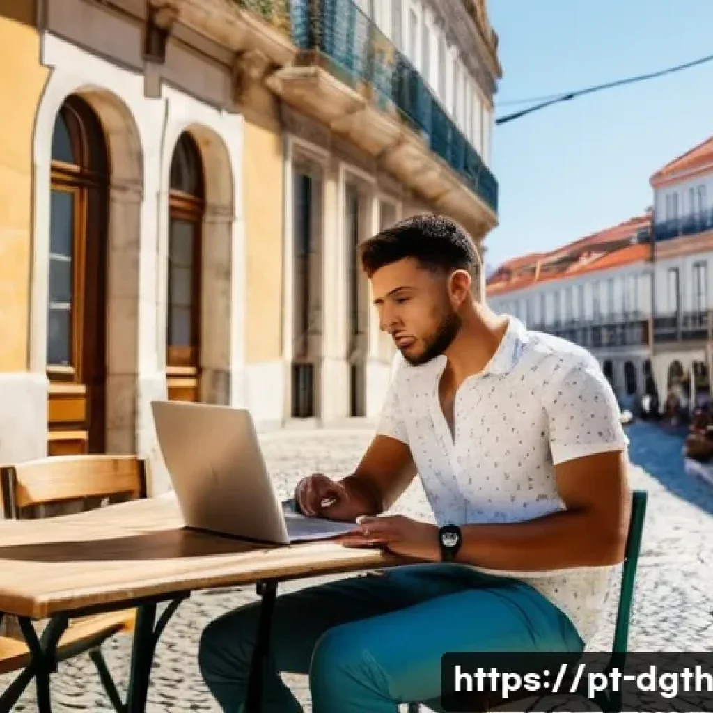 디지털 노마드는 어떻게 일과 여행을 조화시킬까 - **Vibrant Lisbon Cafe Productivity**
A young adult digital nomad, dressed in stylish casual atti...