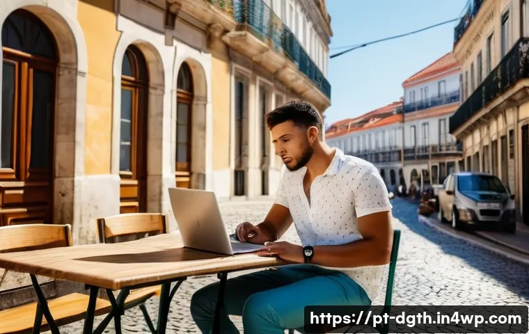 디지털 노마드는 어떻게 일과 여행을 조화시킬까 - **Vibrant Lisbon Cafe Productivity**
A young adult digital nomad, dressed in stylish casual atti...