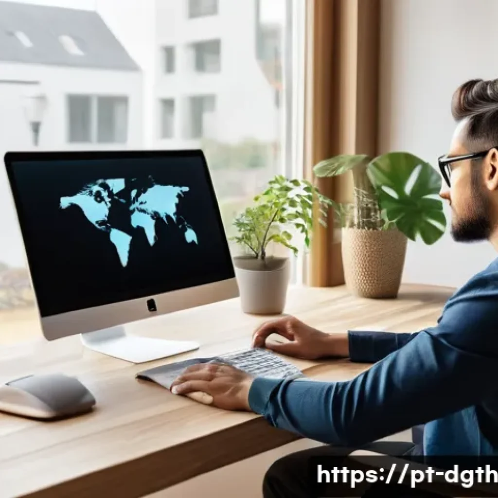 디지털 노마드 직업에 필요한 자격증 - A professional remote worker sitting at a modern home office desk, using a laptop with multiple digi...