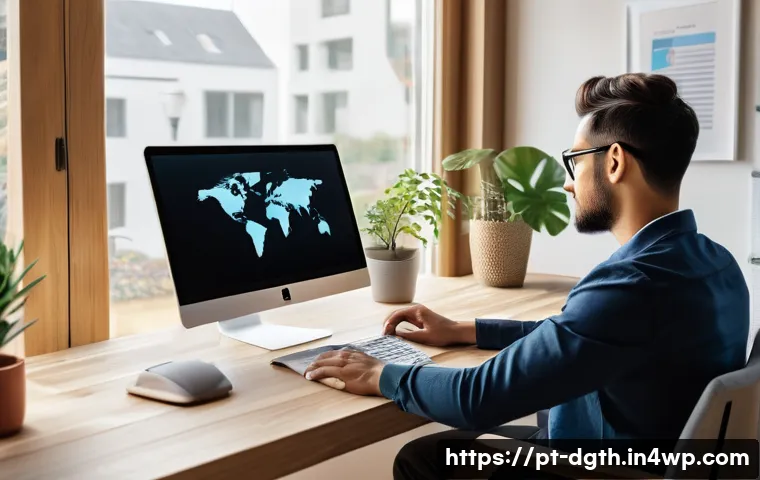 디지털 노마드 직업에 필요한 자격증 - A professional remote worker sitting at a modern home office desk, using a laptop with multiple digi...