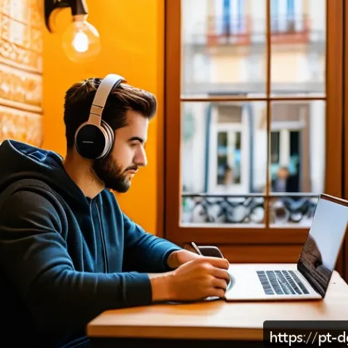 Home 33 디지털 노마드로서의 자기 관리 방법 - A digital nomad workspace set in a cozy, quiet café in Lisbon, Portugal, featuring a young professio...