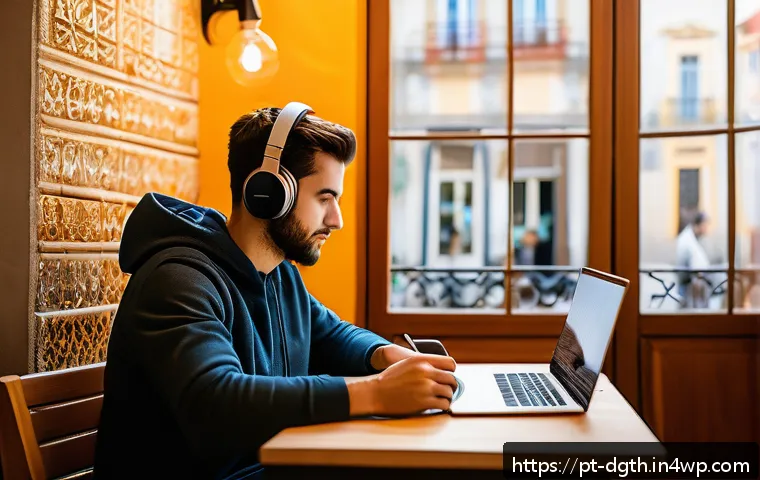 디지털 노마드로서의 자기 관리 방법 - A digital nomad workspace set in a cozy, quiet café in Lisbon, Portugal, featuring a young professio...