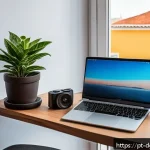 Home 20 디지털 노마드 활동을 위한 여행 팁 - A modern digital nomad workspace in a cozy Lisbon apartment with large windows letting in warm natur...