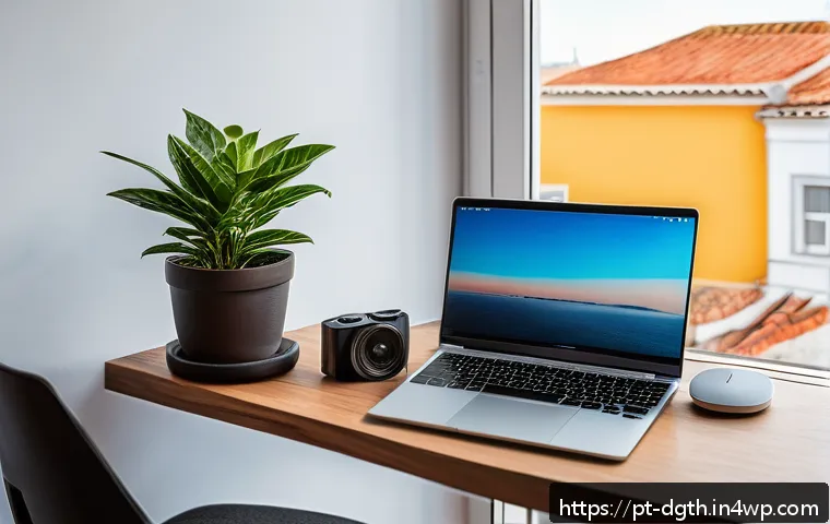 디지털 노마드 활동을 위한 여행 팁 - A modern digital nomad workspace in a cozy Lisbon apartment with large windows letting in warm natur...