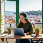Home 19 디지털 노마드의 자기 계발 방법 - A digital nomad woman working remotely in a cozy Lisbon apartment with large windows overlooking the...