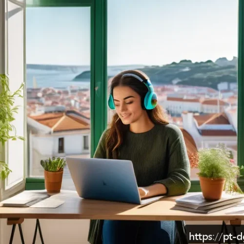 Home 31 디지털 노마드의 자기 계발 방법 - A digital nomad woman working remotely in a cozy Lisbon apartment with large windows overlooking the...