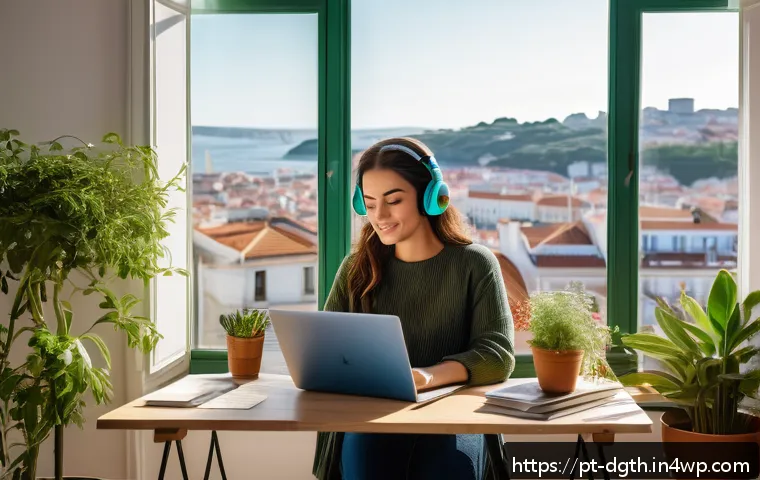 디지털 노마드의 자기 계발 방법 - A digital nomad woman working remotely in a cozy Lisbon apartment with large windows overlooking the...