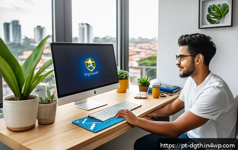 디지털 노마드의 새로운 직업 동향 - A modern home office setup with a young Brazilian software developer working remotely on a laptop, s...
