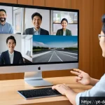 Home 23 디지털 노마드로서의 효율적인 커뮤니케이션 - A diverse group of digital nomads from Latin America and Japan engaged in a virtual video conference...