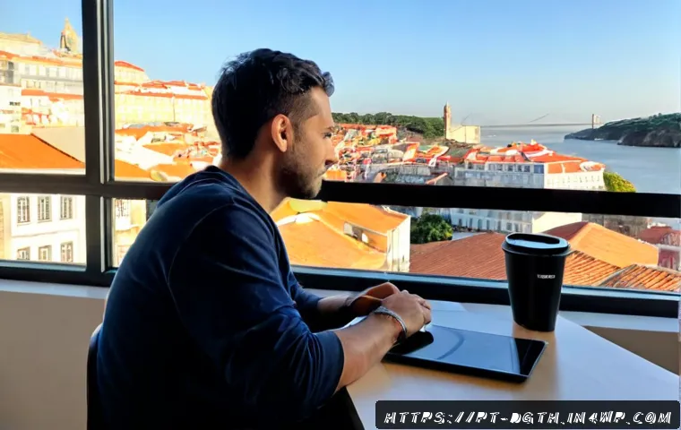 Home 30 디지털 노마드로서의 로케이션 선택 팁 - Photorealistic digital nomad working at a sunlit apartment desk in Lisbon, Portugal, mature professi...