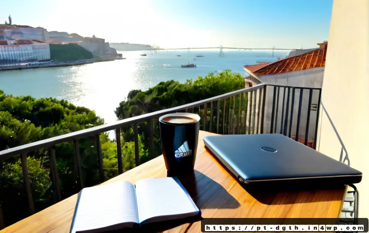 Home 17 디지털 노마드의 일과 삶의 균형 - Photorealistic digital nomad working calmly from a sunlit Lisbon apartment balcony, Portuguese tiled...